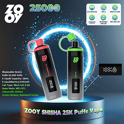Imagem promocional dos dispositivos Zooy Shisha 25K Puffs Vape com sabores Strawberry Ice e Lime 777, destacando a capacidade de 25.000 tragadas, e-líquido de 28 mL, bateria de 650 mAh, bobina de malha de 0,5 Ω, fluxo de ar ajustável, tela animada e carregamento tipo C com tampa antipoeira.