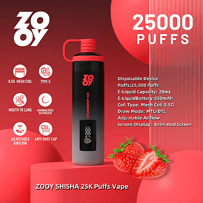 Imagen promocional de ZOOY SHISHA 25K Puffs Vape que presenta un elegante dispositivo de vapeo desechable negro y rojo con pantalla digital, acompañado de características de producto como 25,000 bocanadas, capacidad de e-líquido de 28 ml, batería de 650 mAh, bobina de malla de 0.5 Ω, flujo de aire ajustable y un enfoque en el sabor a hielo de fresa.