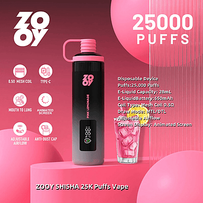 Imagen promocional del vaporizador ZOOY Shisha con sabor a limonada rosa con 25,000 bocanadas, junto con especificaciones como una capacidad de e-líquido de 28 ml, batería de 650 mAh, bobina de malla de 0.5 Ω, flujo de aire ajustable y pantalla animada; incluye íconos de funciones y un vaso de limonada rosa sobre un fondo rosa.