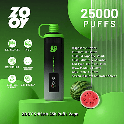 Imagen promocional del dispositivo de vapeo desechable ZOOY SHISHA con capacidad de 25,000 bocanadas, sabor a sandía y un diseño elegante con flujo de aire ajustable y una pantalla animada, sobre un fondo de temática verde con especificaciones del producto proporcionadas.