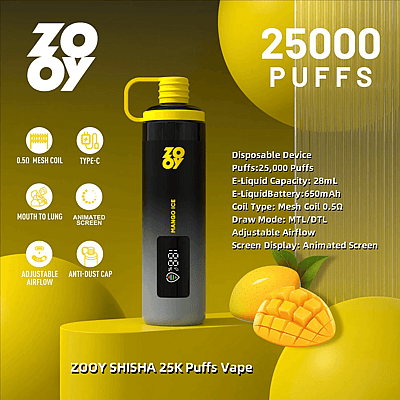 Imagen promocional de ZOOY SHISHA 25K Puffs Vape que muestra un dispositivo de vapeo negro y amarillo con 25,000 bocanadas, bobina de malla, carga tipo C, flujo de aire ajustable y pantalla animada; presenta sabor a hielo de mango y un fondo amarillo vibrante con gráficos de mango.