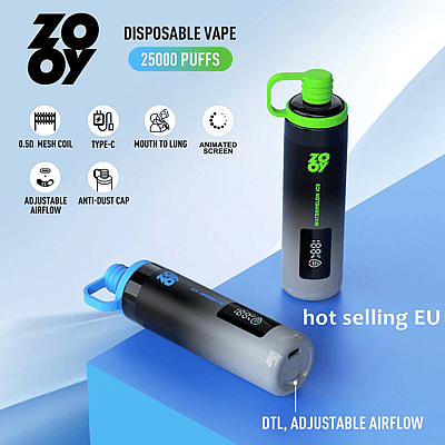 Imagen promocional del vaporizador desechable ZOOY que presenta dos dispositivos de vaporizador, destacando características como 25000 bocanadas, bobina de malla de 0.5Ω, carga tipo C, opciones de flujo de aire ajustable de boca a pulmón y DTL, pantalla animada y tapa antipolvo, con lemas que indican que es un producto de "ventas calientes" en la UE.
