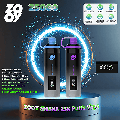 Imagen promocional de los dispositivos de vapeo desechables ZOOY con sabores Blueberry Ice y Mixed Berries, resaltados con un fondo circular y brillante; los vapeadores ofrecen 25,000 bocanadas, una capacidad de 28 ml de e-líquido, una batería de 650 mAh, una bobina de malla, flujo de aire ajustable y una pantalla animada.