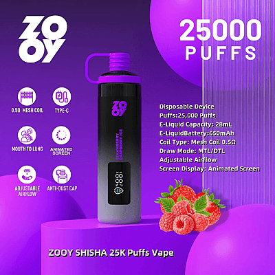 Imagen promocional de ZOOY SHISHA 25K Puffs Vape en sabor a hielo de fresa y frambuesa, que presenta un dispositivo de vapeo desechable de temática violeta con 25,000 bocanadas, capacidad de e-líquido de 28 ml, batería de 650 mAh, bobina de malla de 0.5 Ω, flujo de aire ajustable y pantalla animada, sobre un fondo violeta vibrante con fresas y frambuesas en la parte inferior.