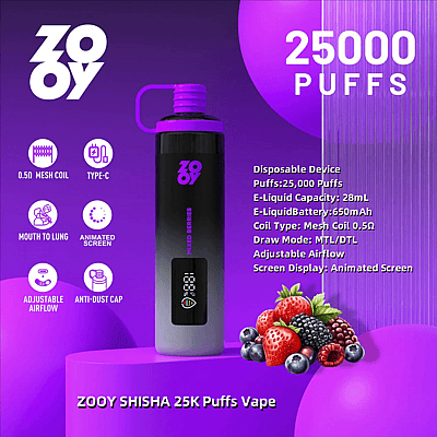 Publicidad de ZOOY SHISHA 25K Puffs Vape que presenta el dispositivo con especificaciones como 25,000 bocanadas, capacidad de e-líquido de 28 ml, batería de 650 mAh, bobina de malla de 0.5 Ω, flujo de aire ajustable, pantalla animada y sabor a bayas mixtas en un diseño morado y negro.