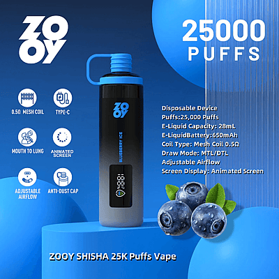 Imagen promocional del vaporizador ZOOY SHISHA que presenta un dispositivo desechable con sabor a Blueberry Ice, que ofrece 25,000 bocanadas, capacidad de e-líquido de 28 ml y batería de 650 mAh, resaltada con íconos de características como una bobina de malla de 0.5 Ω, carga tipo C, flujo de aire ajustable y una pantalla animada, sobre un fondo azul con arándanos ilustrados.