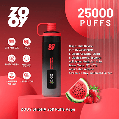 Imagen publicitaria del ZOOY 25K Puffs Vape que muestra un dispositivo negro y rojo con sabores a fresa y sandía, 25,000 bocanadas, capacidad de e-líquido de 28 ml, batería de 650 mAh, resistencia de malla de 0.5 Ω, flujo de aire ajustable y características como una pantalla animada y una tapa antipolvo.