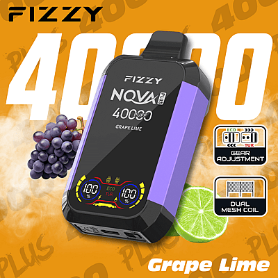 Werbebild des Einweg-Vaporizers Fizzy NQVA Plus mit Trauben-Limetten-Geschmack und 400 Zügen, mit violetten Akzenten, Gangeinstellung, Doppelnetzspule und Fruchtdarstellungen von Trauben und Limette.