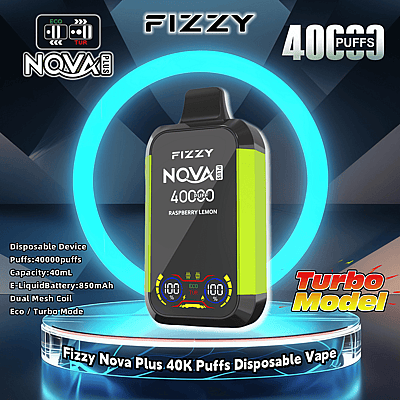 Grafik mit dem Einweg-Vaporizer Fizzy Nova Plus im Himbeer-Zitronen-Geschmack mit Details wie 40.000 Zügen, 40 ml Fassungsvermögen, 850 mAh-Akku, Dual-Mesh-Spule und Eco-/Turbo-Modi.