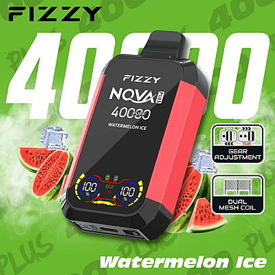 Marketingbild des FIZZY NQVA Plus Watermelon Ice-Vaping-Geräts, das seine Kapazität von 400 Zügen, die Funktion zur Getriebeanpassung, die Doppelnetzspule und den Wassermeloneneisgeschmack mit grünem Hintergrund und Wassermelonenscheiben hervorhebt.