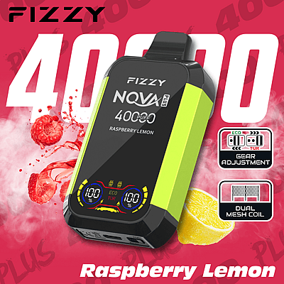 Werbebild des elektronischen Geräts Fizzy NOVA Plus mit Himbeer-Zitronen-Geschmack. Zu den angezeigten Details gehören die Kapazität von 400 Zügen, die Einstellungsmöglichkeiten für Eco- und Turbo-Modus sowie die Dual-Mesh-Coil-Technologie.