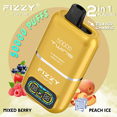 Promotiefoto van de Fizzy Twins vape waarop de kenmerken ervan worden getoond, waaronder een capaciteit van 50.000 trekjes, twee smaken: gemengd bosbessen- en perzikijs, en een gouden buitenkant met een digitaal indicatiescherm.