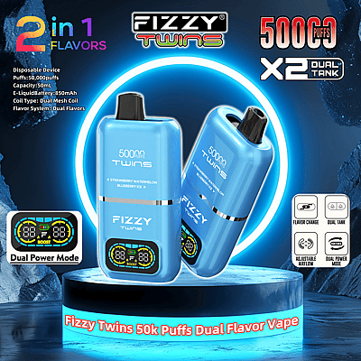 Advertentie voor Fizzy Twins vape met een wegwerp-vape met twee smaken, een capaciteit van 50.000 trekjes, twee tanks, een dubbele mesh-spoel en instelbare luchtstroom, tegen een blauwe achtergrond. De productspecificaties benadrukken de krachtige 850 mAh e-liquidbatterij.