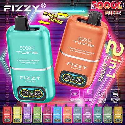 Een promotiefoto voor de FIZZY TWINS-vaping-apparaten met twee modellen met 5000 trekjes en een functie om twee smaken te selecteren, tegen een levendige achtergrond met neonaccenten.