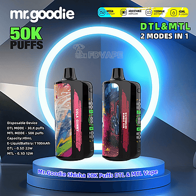 Immagine promozionale che mostra due dispositivi di svapo usa e getta Mr. Goodie con modalità DTL e MTL personalizzabili, evidenziati su uno sfondo luminoso circolare con specifiche incluse.