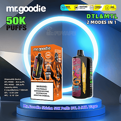 Immagine promozionale che mostra Mr.Goodie Shisha Vape con 50.000 tiri e modalità DTL e MTL esposto su un supporto luminoso, insieme alla sua confezione colorata con specifiche dettagliate del prodotto.