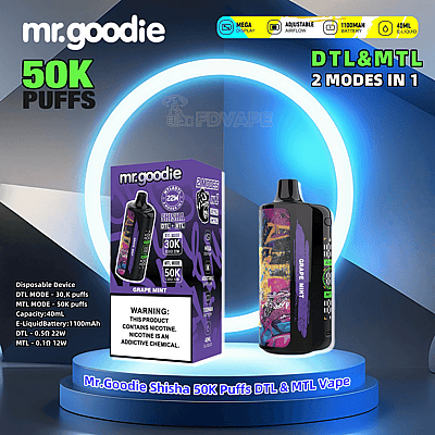 Immagine promozionale del Mr. Goodie Shisha 50K Puffs DTL & MTL Vape, che mostra la confezione del prodotto e il dispositivo con design colorato e le caratteristiche principali evidenziate, tra cui flusso d'aria regolabile, batteria da 1100 mAh e capacità di e-liquid da 40 ml.