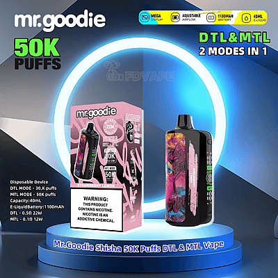 Grafica promozionale che presenta il Mr. Goodie Shisha 50K Puffs DTL & MTL Vape, evidenziando caratteristiche come il grande display, il flusso d'aria regolabile, la batteria da 1100 mAh, la capacità di 40 ml di liquido e due modalità in una per lo svapo diretto a polmone (DTL) e per il tiro di guancia (MTL). Un dispositivo per lo svapo e il design della confezione sono illuminati su uno sfondo moderno con luce blu.