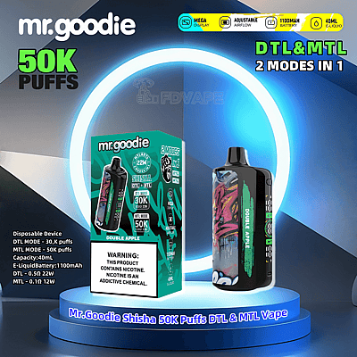 Immagine promozionale del dispositivo per svapo usa e getta Mr. Goodie Shisha, che ne mostra la confezione e le caratteristiche del prodotto, tra cui una capacità di 50.000 tiri, funzionamento a doppia modalità (DTL e MTL), flusso d'aria regolabile, batteria da 1100 mAh e capacità di e-liquid da 40 ml al gusto Double Apple.