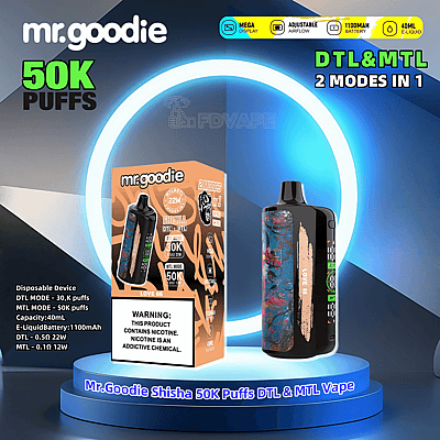 Immagine promozionale che mostra il vaporizzatore usa e getta Mr. Goodie Shisha 50K Puffs con modalità DTL e MTL, evidenziandone le caratteristiche come capacità di 50K puff, flusso d'aria regolabile, batteria da 1100 mAh, capacità di e-liquid da 40 ml e ampio display, posizionato su un supporto circolare luminoso.