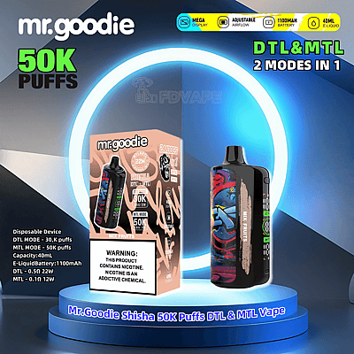 Immagine promozionale che mostra il Mr. Goodie Shisha 50K Puffs DTL e MTL Vape, evidenziandone il design, la confezione e le specifiche su una piattaforma circolare luminosa.