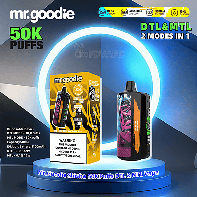 Immagine promozionale per il dispositivo di svapo usa e getta Mr. Goodie con 50.000 tiri con doppia modalità (DTL e MTL), flusso d'aria regolabile, batteria da 1100 mAh e capacità di e-liquid da 40 ml al gusto Honeydew Melon Ice.