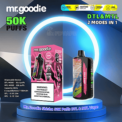 Espositore promozionale per il dispositivo di svapo usa e getta Mr. Goodie Shisha che ne illustra le caratteristiche, tra cui fino a 50.000 tiri, doppia modalità (DTL e MTL), batteria da 1100 mAh e capacità di e-liquid da 40 ml.
