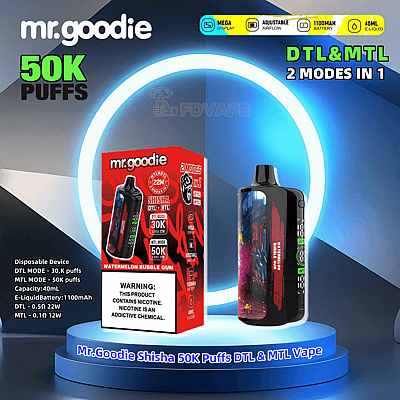Immagine promozionale che mostra il dispositivo per svapo usa e getta Mr. Goodie Shisha con 50.000 tiri, doppia modalità (DTL e MTL), batteria da 1100 mAh e aroma di gomma da masticare all'anguria, con la confezione del prodotto esposta accanto al dispositivo.