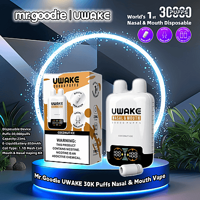 Promotiefoto van de Mr. Goodie UWAKE Nasal & Mouth Vape, met zijn kenmerkende ontwerp met dubbele inhalatie, gedetailleerde specificaties en verpakking in een levendige omgeving.