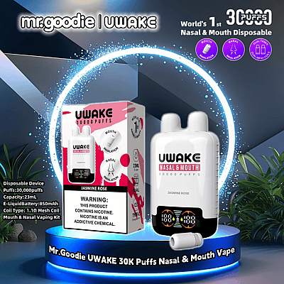 Promotiefoto van de Mr.Goodie UWAKE 30K Puffs Nasal & Mouth Vape met de smaak Jasmine Rose. De kenmerken ervan worden benadrukt, zoals de mogelijkheid om 30.000 puffs te nemen, gebruik in combinatie met zowel de neus als de mond, een capaciteit van 23 ml en de meegeleverde mesh-coiltechnologie.
