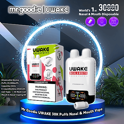 Promotiefoto van de Mr. Goodie UWAK wegwerp-vape-apparaat met 30.000 trekjes voor gebruik in de neus en mond in de smaak Strawberry Ice, met vetgedrukte tekst die de belangrijkste kenmerken en waarschuwingen benadrukt. Het apparaat staat op een stijlvol podium met decoratieve planten.