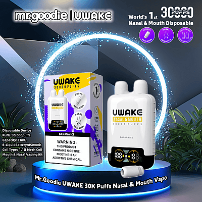 Promotiedisplay met de UWake wegwerp-vape voor inhalatie via de neus en mond, met 30.000 trekjes met een bananenijssmaak, afgebeeld naast de verpakking, op een futuristisch blauw verlicht platform met plantendecoraties.