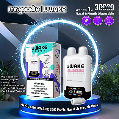 Promotiedisplay waarin het Mr. Goodie UWAKE 30K Puffs neus- en mond-vape-apparaat wordt getoond, met de smaak White Peach Sakura Ice, productverpakking en functies van het apparaat, waaronder dubbele neus- en mondinhalatie, mesh-coiltechnologie en een e-liquidcapaciteit van 23 ml.