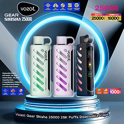 Promotiefoto van drie Vozol Gear Shisha wegwerp-vape-modellen in pastel- en donkere kleuren, met kenmerken zoals een capaciteit van 25.000 trekjes, een 2,1-inch kleurenscherm, instelbare luchtstroom en levendige LED-displays.