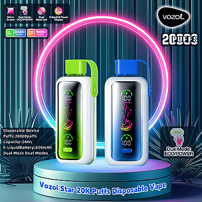 Reklambild som visar två Vozol Star 20K engångsvape-enheter i grönt och blått, med LED-display och dubbelt läge med ECO- och POWER-inställningar, mot en futuristisk neonbelyst bakgrund.