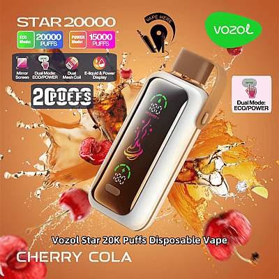 Reklambild för Vozol Star 20K Puffs engångsvape i smaken Cherry Cola, med funktioner som ECO- och Power-lägen, puffantal, spegelskärm och dubbel mesh-spolteknik, med en brun bakgrund med vätskestänk.
