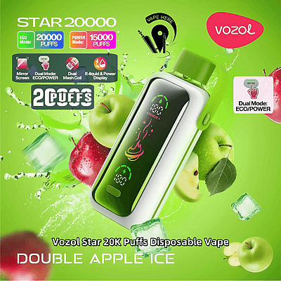 Reklambild som visar Vozol Star 20K Puffs engångsvape i smaken Double Apple Ice, med specifikationer som dubbelt läge (Eco/Power), kapacitet på 20 000 bloss i Eco-läge och en digital display, som visas tillsammans med färska gröna och röda äpplen och isbitar mot en livfull grön bakgrund.