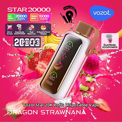 Reklambild av Vozol Star 20K engångsvape med Eco- och Power-lägen, smak av drakejordgubb och banan och detaljerade produktfunktioner markerade mot en livfull rosa bakgrund med fruktaccenter.
