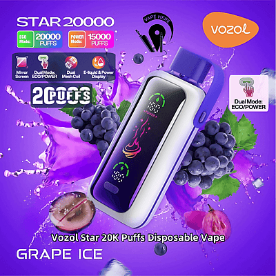 Reklambild för Vozol Star 20K Puffs engångsvape i smaken Grape Ice, som visar enhetens funktioner inklusive dubbla lägen för eko/strömförsörjning, spegelskärm och e-vätskedisplay, mot en lila bakgrund med druva- och isbilder.