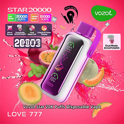 Reklambild för Vozol Star 20K Puffs engångsvape, som visar enheten mot en rosa bakgrund med fruktillustrationer och märkta funktioner som framhäver dess dubbla ECO/POWER-lägen och puffkapacitet.