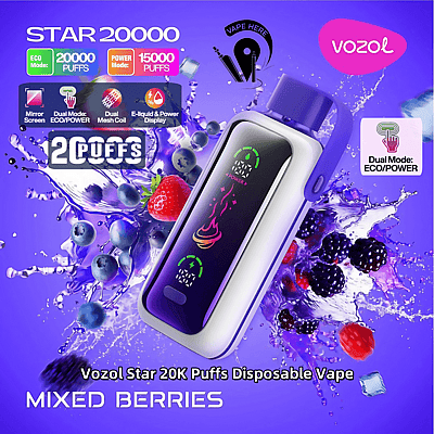 Reklambild för Vozol Star 20K engångsvape med smak av blandade bär, som visar upp dess design, dubbla lägen för 20 000 och 15 000 bloss, och framhäver dess funktioner som spegelskärm och effektdisplay, med livfulla bärgrafik och lila färgtema.