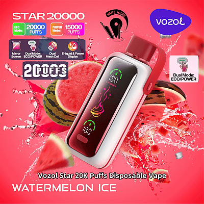 Reklambild för Vozol Star 20K Puffs engångsvape som visar upp smaken Watermelon Ice, med dess dubbla ECO/POWER-funktioner, livfulla vattenmelontema-design och detaljer om antal bloss.