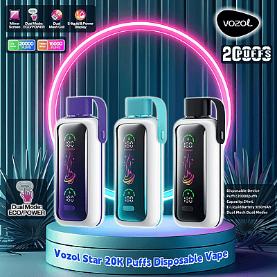 Reklambild som visar tre Vozol Star 20K engångsvape-enheter i olika färger på en lysande plattform, med funktioner som ECO/POWER i dubbla lägen, 20 000 bloss, dubbel mesh-spole och ett 650 mAh batteri.