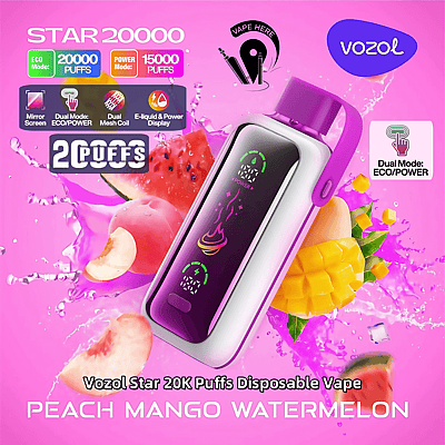 Reklambild av Vozol Star 20K engångsvape med dubbelt läge (ECO/Power), kapacitet på 20 000 bloss, visad med en design med persika-, mango- och vattenmelontema på en livfull rosa bakgrund.
