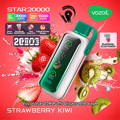 Marknadsföringsbild för Vozol Star 20K Puffs engångsvape som visar upp jordgubbs- och kiwismaker med detaljerade produktfunktioner som dubbla lägen och en kapacitet på 20 000 puffs.