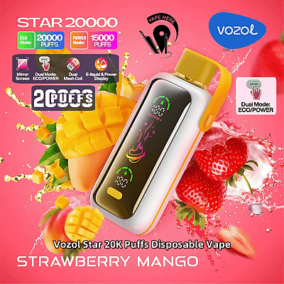 Reklam för Vozol Star 20K Puffs engångsvape i smak av jordgubb och mango, med funktioner som dubbelt läge (ECO/POWER), e-vätska och effektdisplay med färgglad grafik och frukter.
