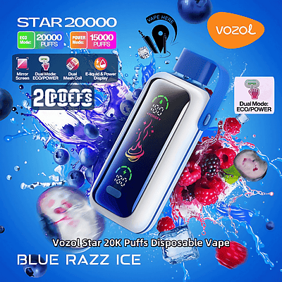 Reklambild för Vozol Star 20K Puffs engångsvape med smaken Blue Razz Ice, visad tillsammans med fruktgrafik och produktfunktioner som ECO/Power i två lägen och spegelskärm.