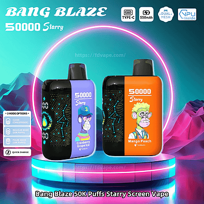 Imagen promocional de los dispositivos de vapeo con pantalla estrellada Bang Blaze 50000 en variantes Cranberry Grape Ice y Mango Peach, con gráficos de monos coloridos y detalles de diseño futurista.