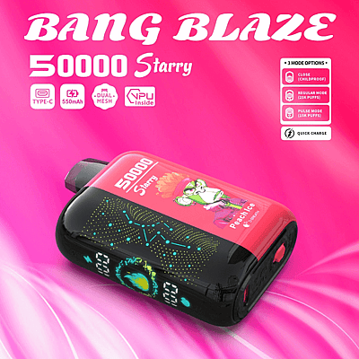 Promotiefoto voor het Bang Blaze 50.000 Starry vape-apparaat met een levendig ontwerp, specificaties zoals een 550 mAh-batterij, Type-C-opladen en drie gebruiksmodi met snellaadmogelijkheid, weergegeven op een roze achtergrond.