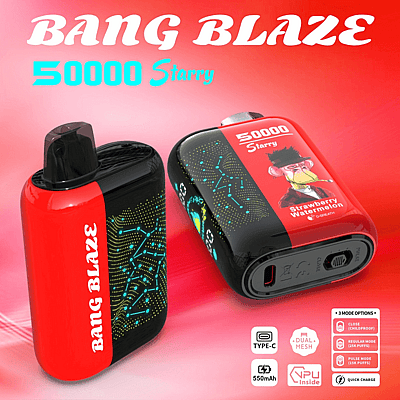Promotiefoto van de Bang Blaze 50000 Starry vape-apparaat, met een rood en zwart ontwerp, digitale neonpatronen en tekst die functies zoals aardbei-watermeloensmaak, 550 mAh-batterij en Type-C-oplaadpoort aangeeft.